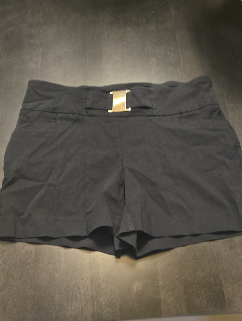 Thalia Sodi Black High-Waist Athletic Shorts with Gold Accent